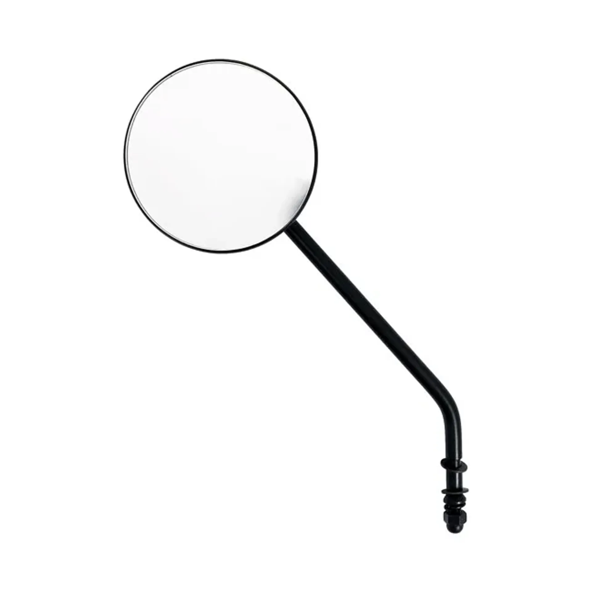 Steel 4" round mirror. Black, long stem