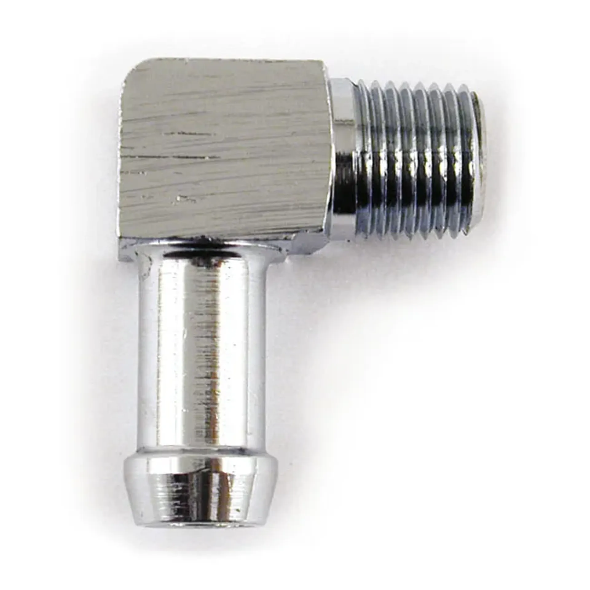 Oil line fitting, 90 degree. 1/8-27 NPT to 5/16". Chrome