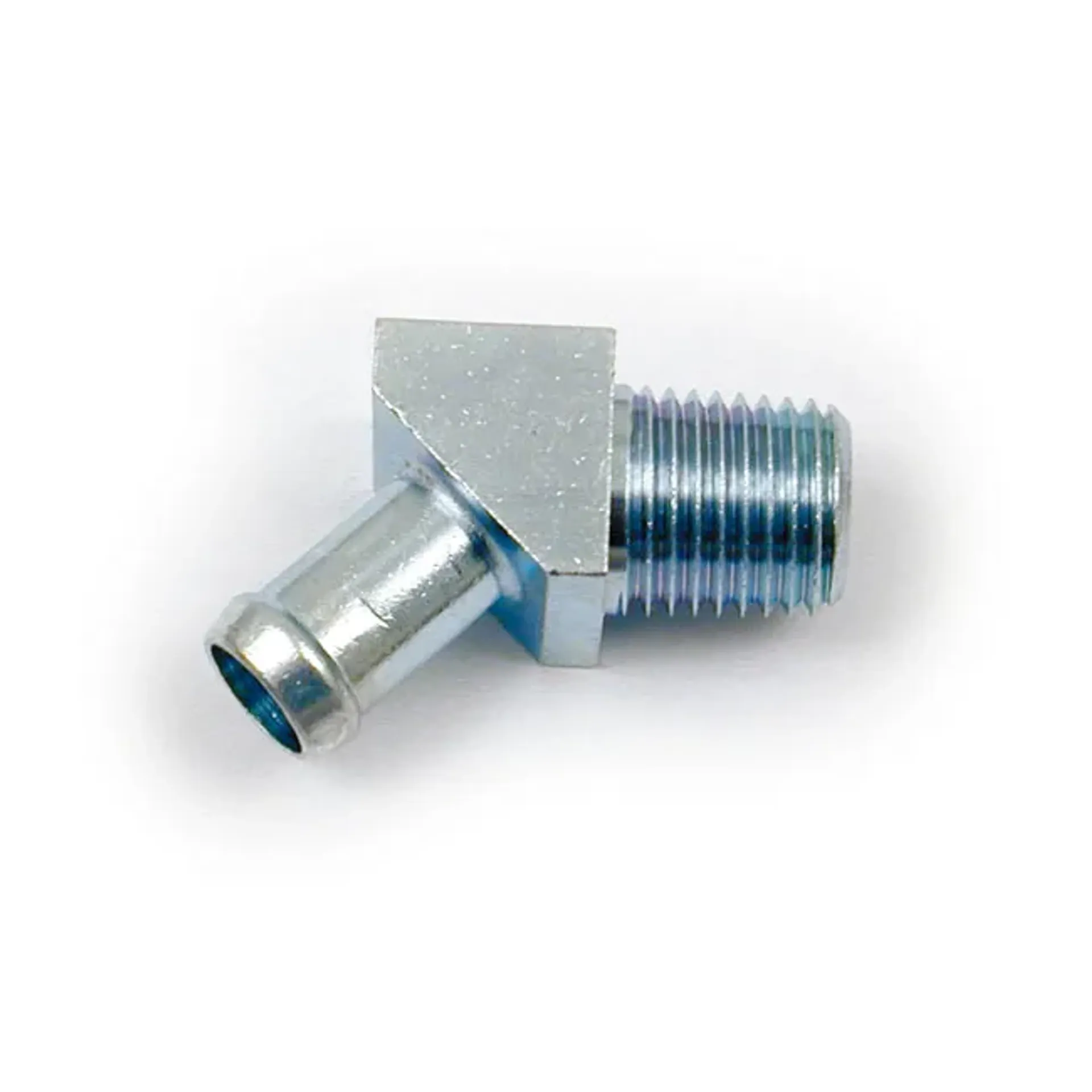 Oil hose fitting, 45 degrees. 1/4" NPT to 3/8". Chrome