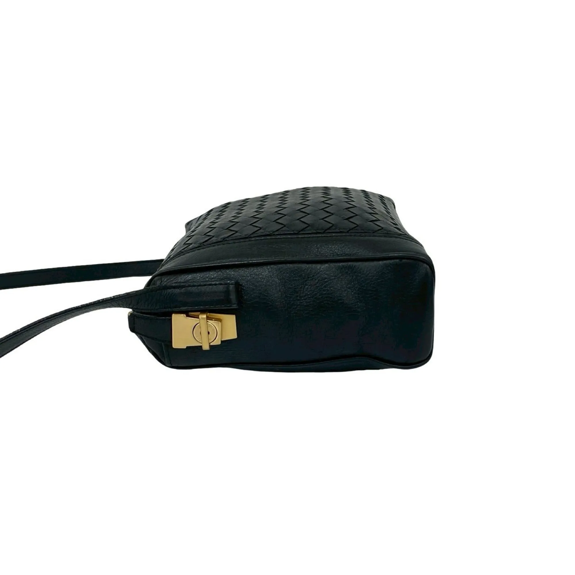 BOTTEGA VENETA Black Leather Intrecciato Shoulder Bag