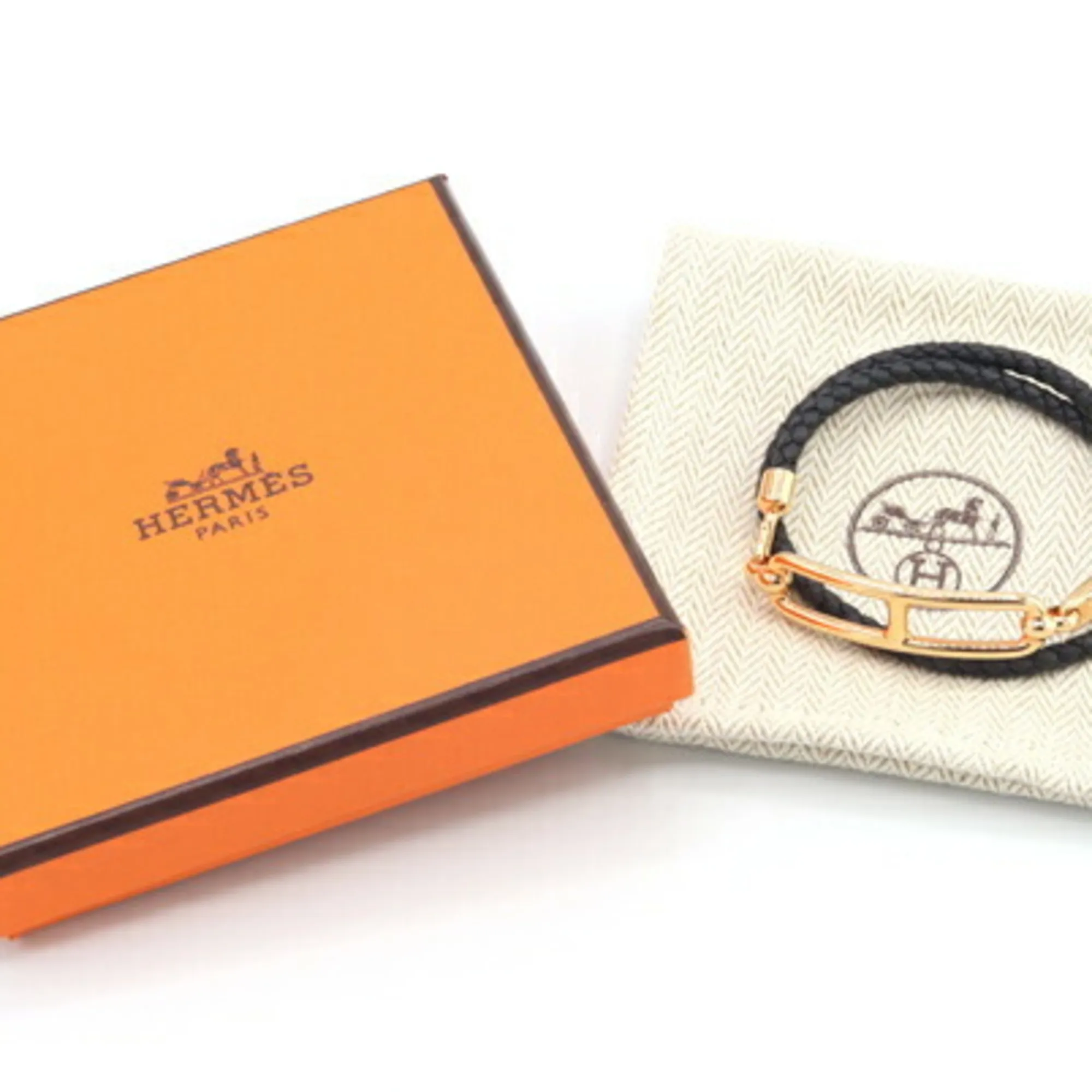HERMES Black Leather Charm Bracelet