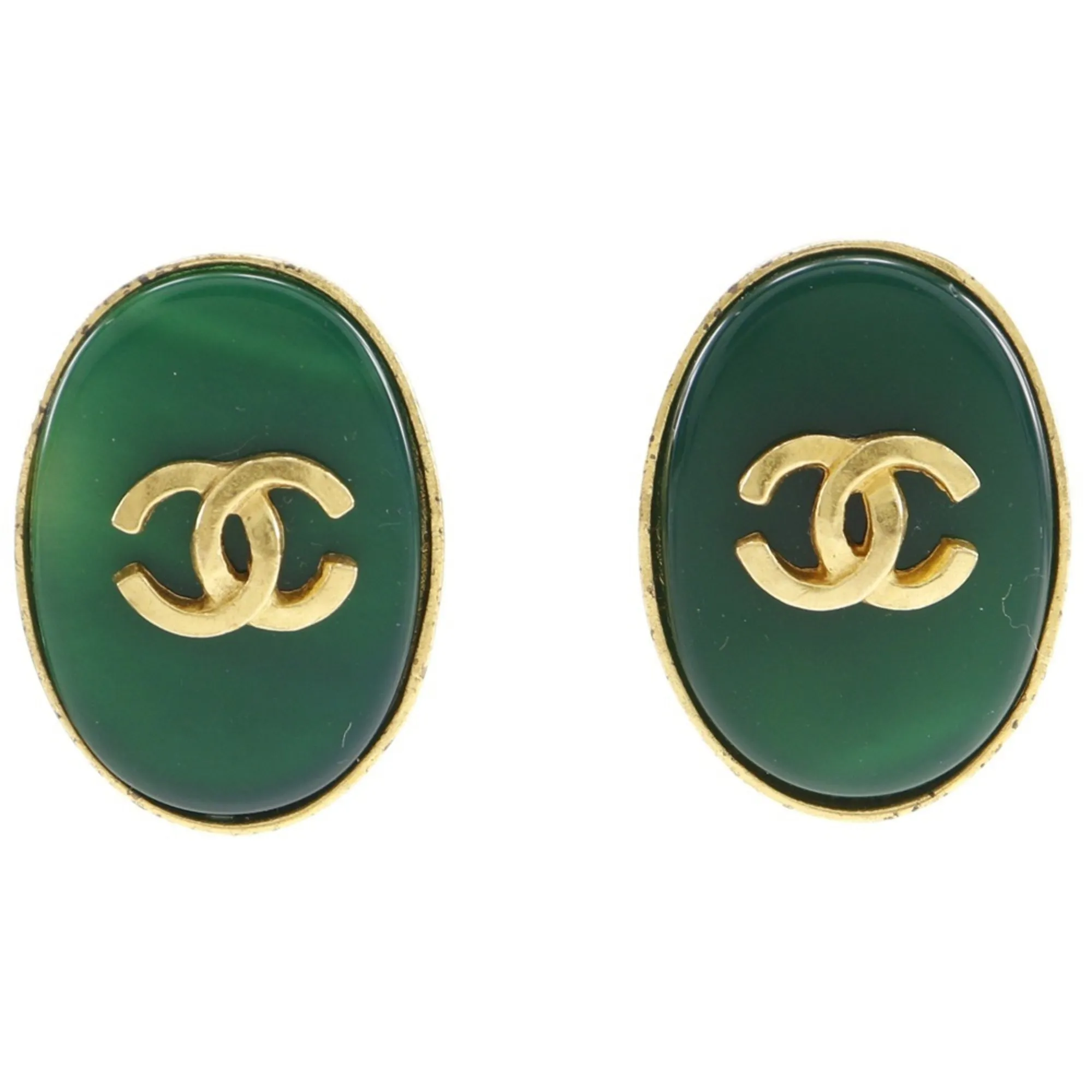CHANEL Green Logo Earrings