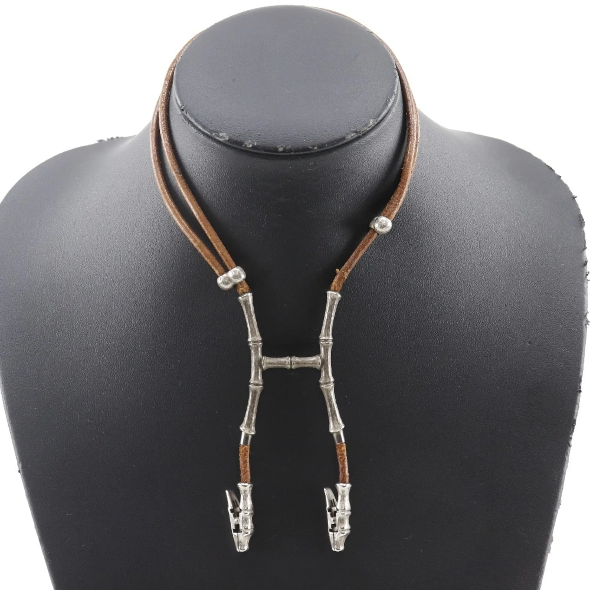 HERMES Brown Leather Bamboo Necklace